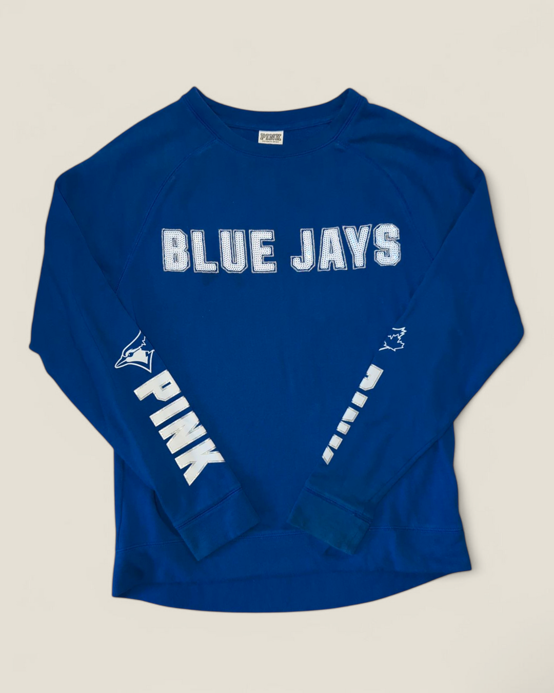 VICTORIA SECRET PINK, BLUE JAYS CREWNECK LADIES XS PRE-LOVED (FADE)