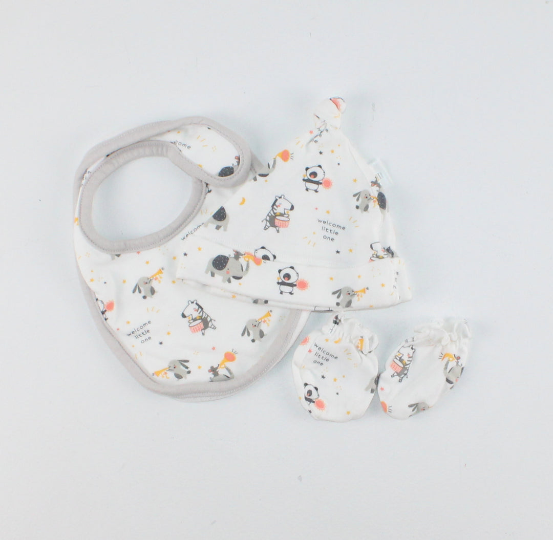BABY BUNDLES 3 SET HAT/BIB/MITTS VGUC 0-6M PRE-LOVED