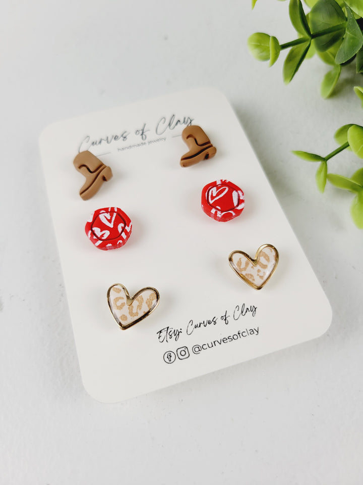 Curves of Clay, Valentine & Love Inspired Stud Earrings 3 Pack