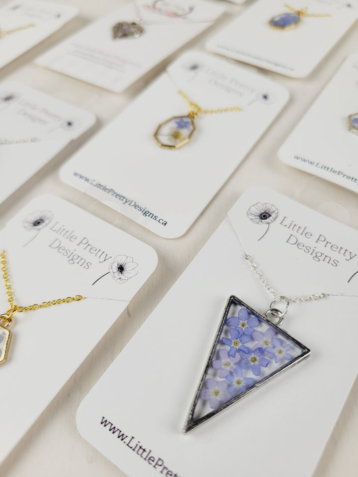 Little Pretty Designs, Pressed Flower Necklaces, Forget-Me-Not Collection