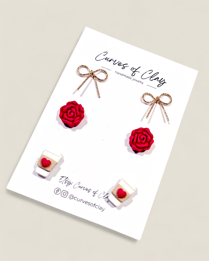 Curves of Clay, Valentine & Love Inspired Stud Earrings 3 Pack