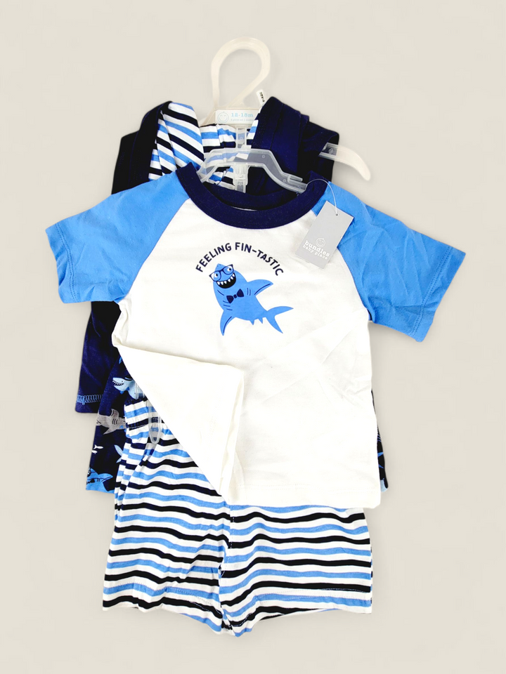 BUNDLES BABY PLACE 2 SHARK OUTFITS BOYS 12-18M PRE-LOVED (WITH TAGS)