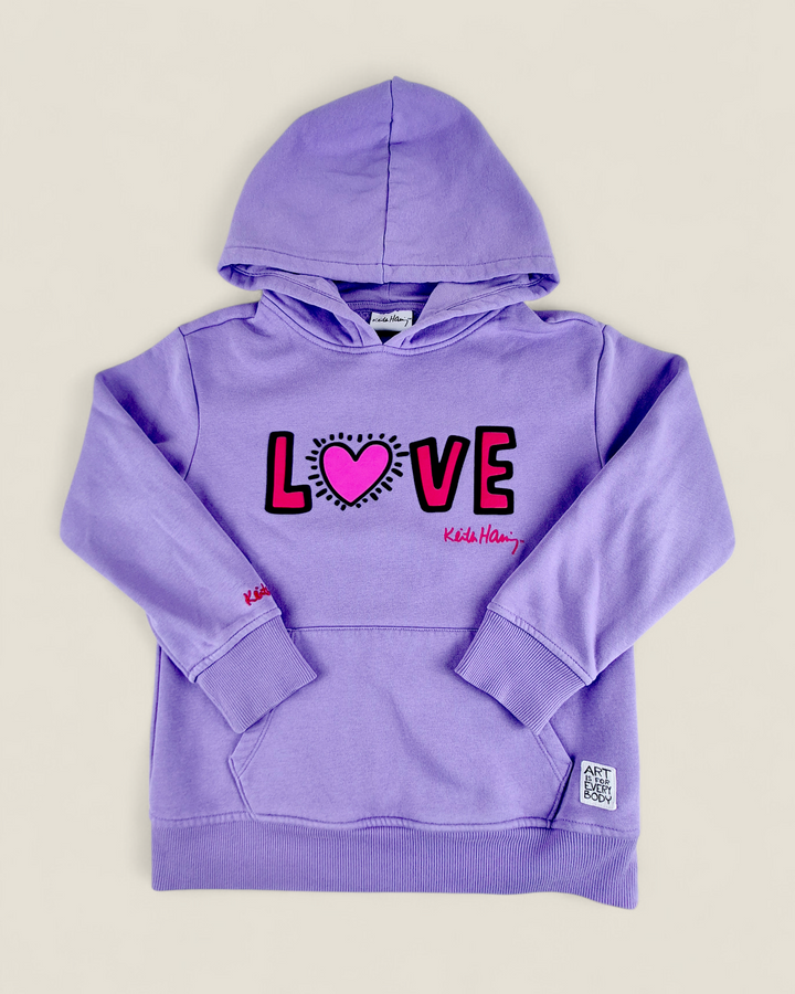 Pre-Loved Keith Haring Purple "Love" Hoodie Girls 7-8Y | Betty’s Marketplace