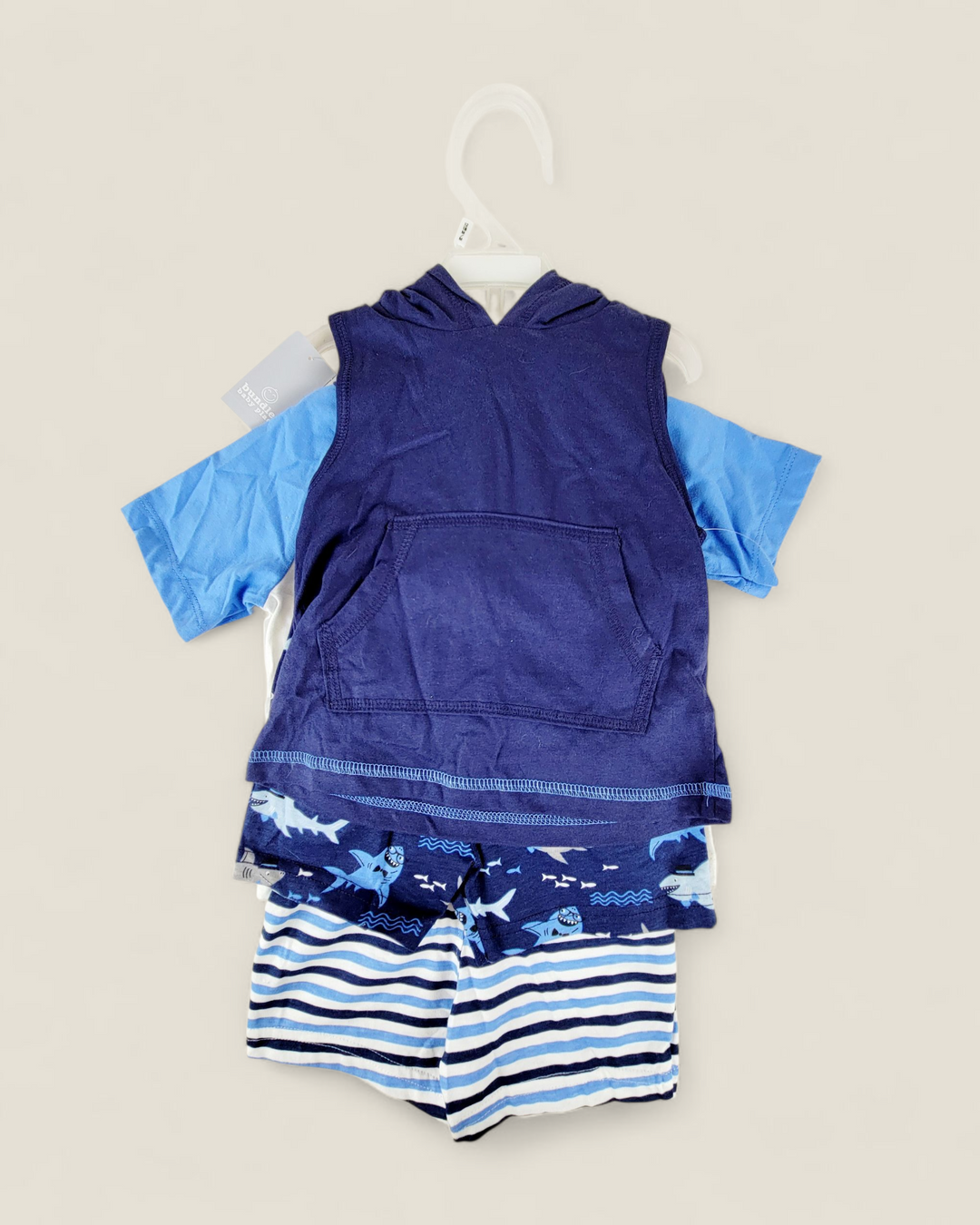 BUNDLES BABY PLACE 2 SHARK OUTFITS BOYS 12-18M PRE-LOVED (WITH TAGS)